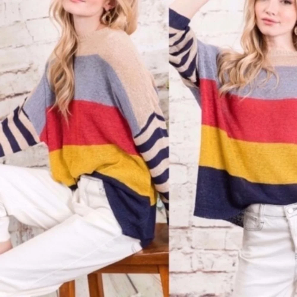 DAVI & DANI Airy Oversized KNIT SWEATER Crewneck COLORBLOCK STRIPES PRINT Sz S